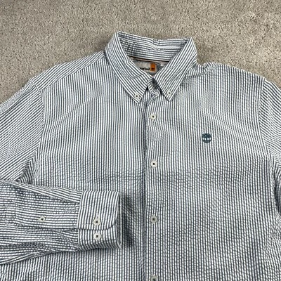 Camisa Timberland Para Hombres Mediana Azul Blanco Rayas Seersucker Fruncida Calce Regular Foto 1 de 4