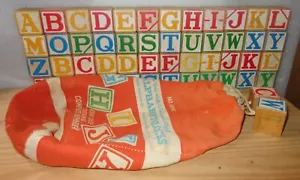 Alte Vintage Playskool Halsam 48 Holz Alphabet & Zahlenblöcke im Stoffbeutel #1050 - Bild 1 von 21