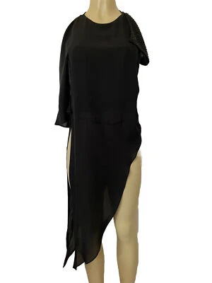 Top con cortina asimétrica de seda Halston Heritage atado lateral negro cuello redondo 2 Foto 1 de 4