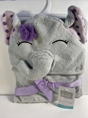 Hudson Baby Cotton Animal Face Hooded Towel, Purple Dots Pretty Elephant NEW - Image 1 of 3