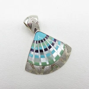 Carolyn Pollack Relios Sterling Silver Fan Turquoise Mult Stone Inlay Pendant - Picture 1 of 10