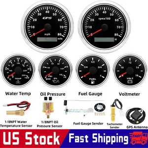 6 Gauge Set with Sensor 85mm GPS Speedometer 80MPH&Tachometer 8000RPM Gauge US - Picture 1 of 23