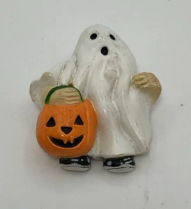 Spilla vintage Halloween fantasma trucco o traditore con zucca bianca arancione - Foto 1 di 5