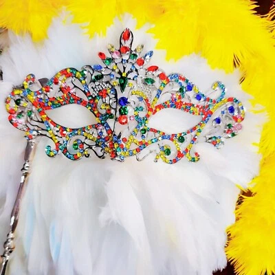 Rainbow Masquerade Mask, Crystal Handheld Mask, Silver Mask, Prom Mask, Pride - Image 1 of 4