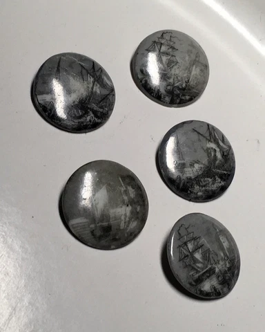 Antique Set of 5 Buttons Ships Hand Painted Beautifully Decorated Cover