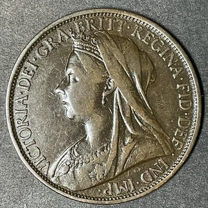 1895 Regno Unito Gran Bretagna grande 1 penny bronzo regina Vittoria moneta estera mondiale - Foto 1 di 3
