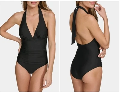 DKNY Womens Sz MED One Piece Swimsuit Halter Shirred Tummy Control Classic Swim - Image 1 of 4
