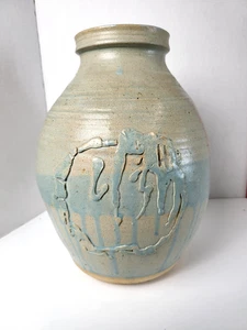 Vintage große Kunstkeramik Vase blaue Tropfglasur handgeworfen asiatisches/orientalisches Design 12 Zoll - Bild 1 von 13