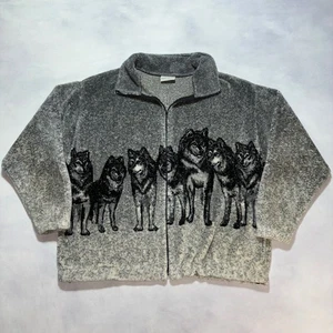 Giacca Pile Vintage Wolf Pack AOP Full Zip Taglia XL Grigio Wildlife Made in USA - Foto 1 di 11