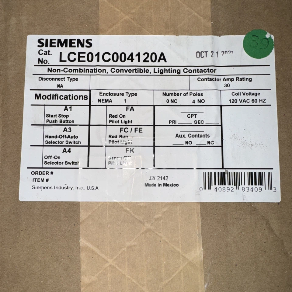 SIEMENS LCE01C004120A 30A 120V 60HZ 4P NEMA 1 LIGHTING CONTACTOR - Image 1 of 1