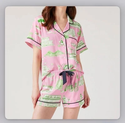 Juego de pijama manga corta Katie Kime Hamptons Toile rosa y verde Foto 1 de 4