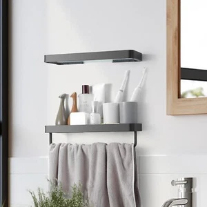 Glass Shelves for Bathroom Matte Black Floating Shelf with Towel Bar 2 Tier W... - Picture 1 of 7