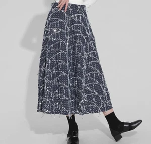 Silver Metallic Sequin Tassel Fringe Denim Maxi Long Skirt - Picture 1 of 5