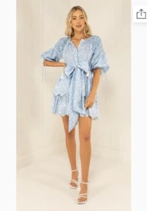 PALM NOOSA Teresa Blue Mini Dress Size 14 Blue Garden Cotton Belt Puff Sleeve - Picture 1 of 23