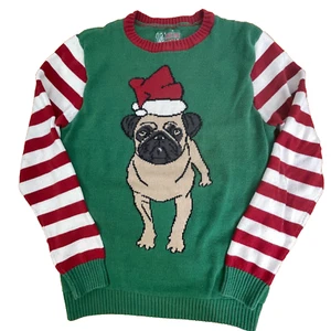 Ugly Christmas Sweater Womens Large Pullover Pug Dog Santa Hat Stripe Sleeves - Picture 1 of 10