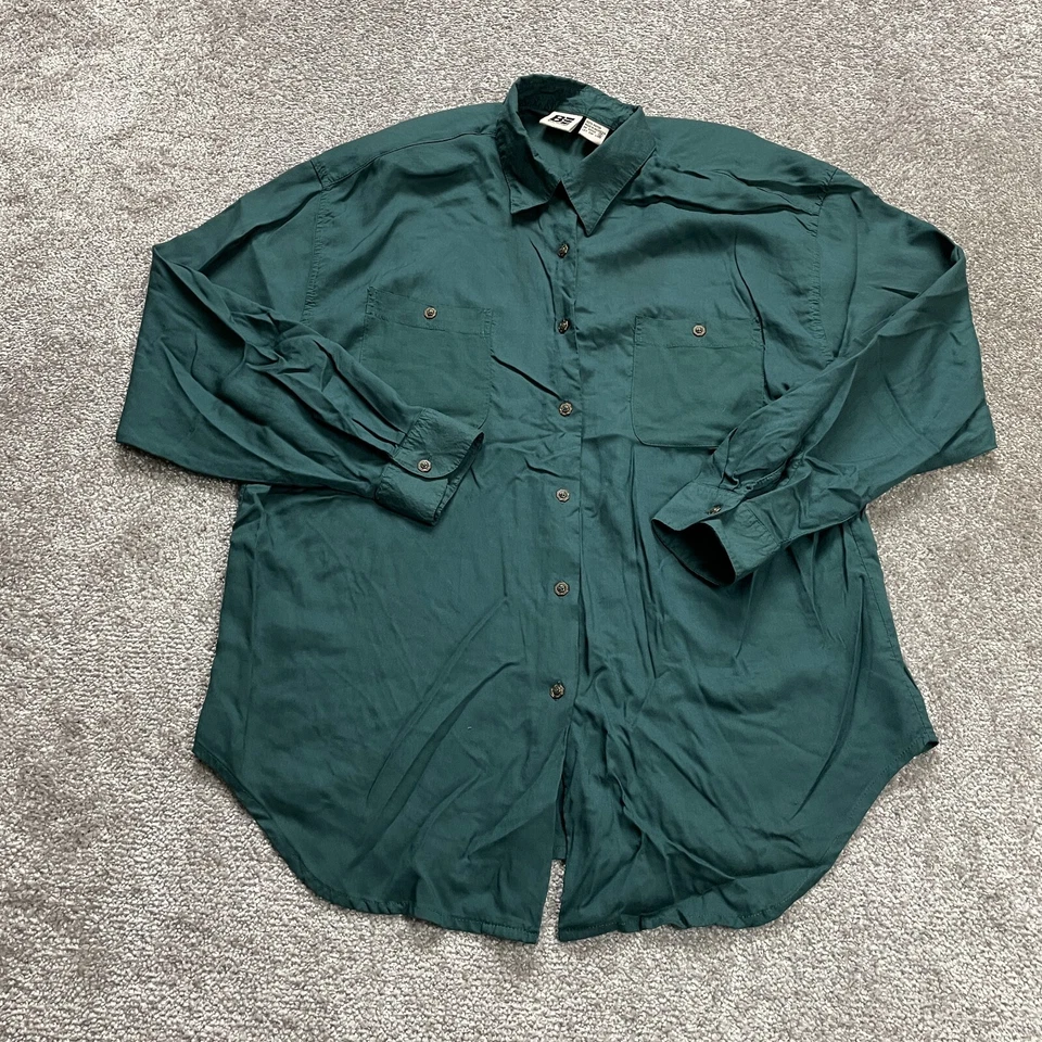 Basic Editions Button Up Shirt Womens Medium Green Rayon Long Sleeve Top Padded - Image 1 of 4