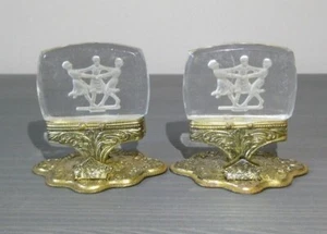 Set 2 VTG Czech Intaglio Cut Glass White/Clear Place Card Holders Brass 3 Graces - Picture 1 of 6