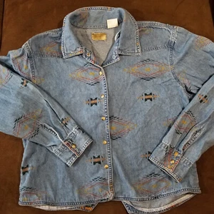 VTG WRANGLER LIGHTWEIGHT DENIM JACKET AZTEC GEOMETRIC PRINT XXL YOUTH 20" CHEST - Picture 1 of 14