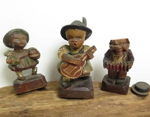 3 Vintage Wood Carved Figures Girl Alpine Hat Man with Accordion Woman Shopping  - Picture 1 of 8