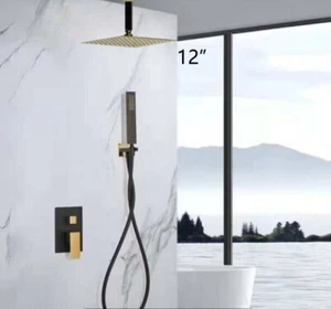 Black&Gold Ceiling Mounted 12"Bathroom Shower Faucet Set Hand Spray 2 ways Taps - Picture 1 of 5