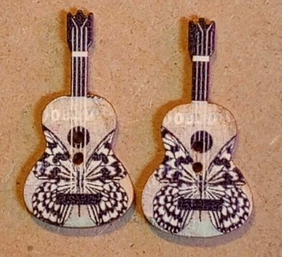 2 Black/White Moth Guitar Crafting Buttons Sewing Wood 1  3/8 inch  - Image 1 of 2