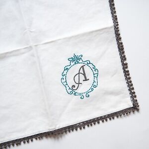Anthropologie Monogram Letter A Linen & Cotton Cocktail Napkin Handkerchief