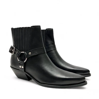 Zara Black Leather Harness Pointed Toe Western Boots Womens EU 37 US 6.5 NEW - Image 1 of 4