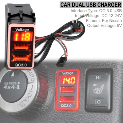 For Nissan QC 3.0 QuickCharger Dual USB Phone Adapter Port LED Digital Voltmeter - Image 1 of 4