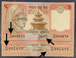 Nepal RS5 Governr Impresión Variedad Grande/Pequeño Prefijo Letra 'Gha' P-30a/b Sig 13 UNC - Imagen 1 de 5