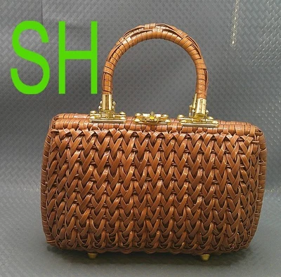 Bolso de mano vintage de los años 60 tejido con cesta de paja bolso pies herrajes de metal Foto 1 de 4