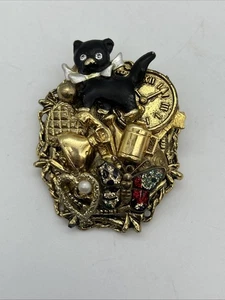 Chunky Retro Cat Brooch Pendant Gold Tone Clock Butterfly Faux Pearl Crystals - Picture 1 of 21