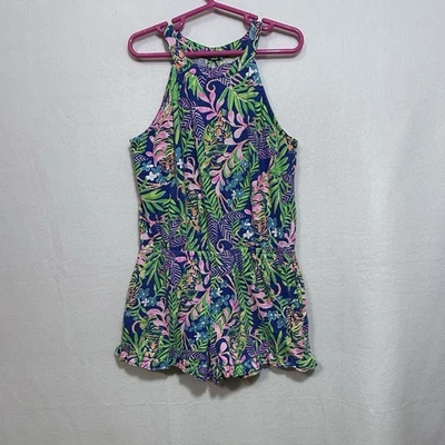 Lilly Pulitzer Brienne Borealis Blue Shorts Romper Girls L Floral Tropical Tiger — 第 1/4 张图片