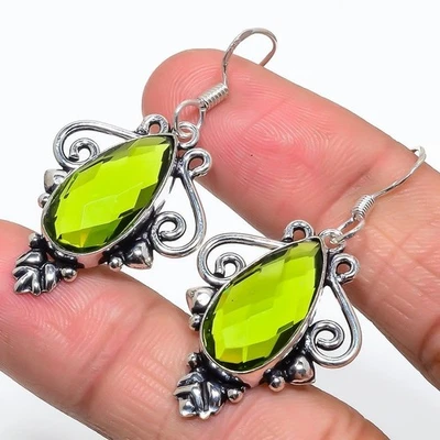 Natural Peridot Gemstone 925 Sterling Silver Drop/Dangle Earrings For Women - Image 1 of 4