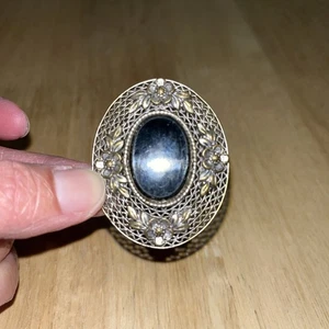 Vintage/Tschechische/Filigrane/Schwarz Strass Onyx Brosche/Rücken offen - Bild 1 von 8