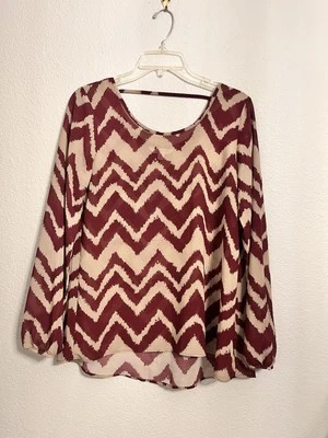 Charming Charlie Top Blouse Women M Brown Long Sleeve Sheer Hi Low Chevron Work - Image 1 of 4