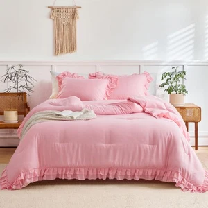 Pink Ruffled Comforter Set Twin Size, 3 Pieces (1 Ruffled Comforter and 2 Pil... - Picture 1 of 7