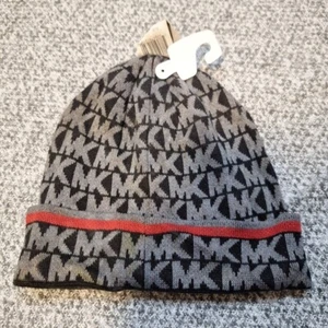 NWT! Michael Kors Cuff Monogram Black Gray Red Fold Beanie Hat Unisex O/S. $42! - Picture 1 of 4