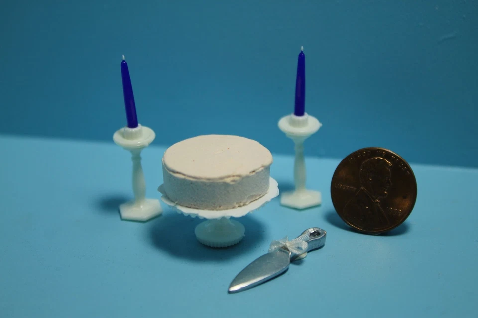 Dollhouse Miniature Chrysnbon Cake on Stand with Server and 2 Candlesticks CB41 - Image 1 of 1