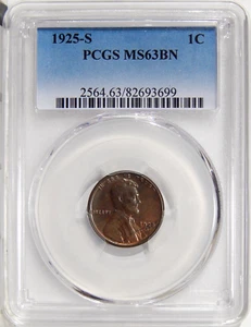 1925-S 1c PCGS MS 63 BN ~ BETTER DATE UNCIRCULATED LINCOLN CENT - Picture 1 of 2