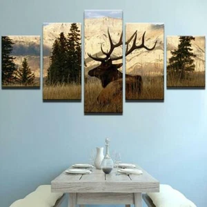 Männlicher Hirschbuck Berg Wald gerahmt 5 Stück Leinwand Wandkunst Malerei Tapete - Bild 1 von 7