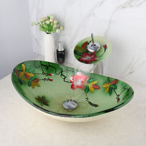 Art Green Bathroom Oval Glass Vessel Sinks Basin Bowl Mixer Faucet Drain Combo