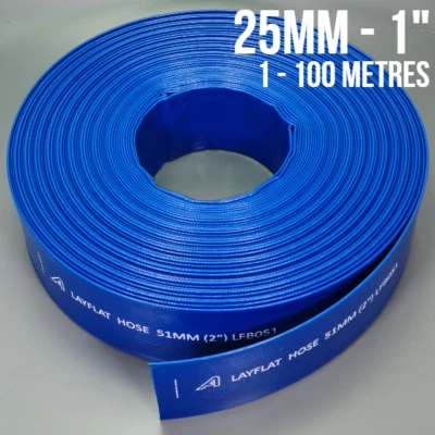 ASH 25mm/1" Layflat PVC Water Delivery Hose Discharge Pipe Lay Flat Irrigation Blue