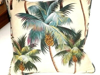 16" Hawaiian Tropical Cotton Barkcloth Fabric CORDED PILLOW ~Palm Trees~ - Image 1 of 2