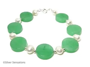 Green Aventurine & White Freshwater Pearls Beaded Bracelet With Sterling Silver  - Picture 1 of 9