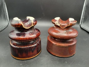 Vintage Ceramic  Brown Electrical Insulators X 2 Large Heavy  - Picture 1 of 5