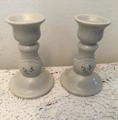 2 Vintage Pfaltzgraff Heirloom Candlestick Holders Pair Gray White Floral EUC - Image 1 of 4