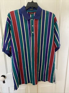 VINTAGE HONG KONG Jos A  Bank Sportswear 100% Cotton Striped Polo Golf Shirt L - Picture 1 of 8
