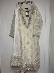 Panache 3 Piece Kurta Set In Ivory Cream Embroidered Long Sleeve Size M 40 - Picture 1 of 11