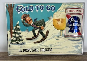 1960’s Pabst Beer Cold To Go Foil Over Cardboard Rare Skiing Figure PBR 20x14 - Picture 1 of 14