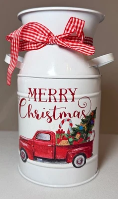 Jarro de leite de metal Natal plantador decorativo rústico com arco 7,5” NOVO - Imagem 1 de 4